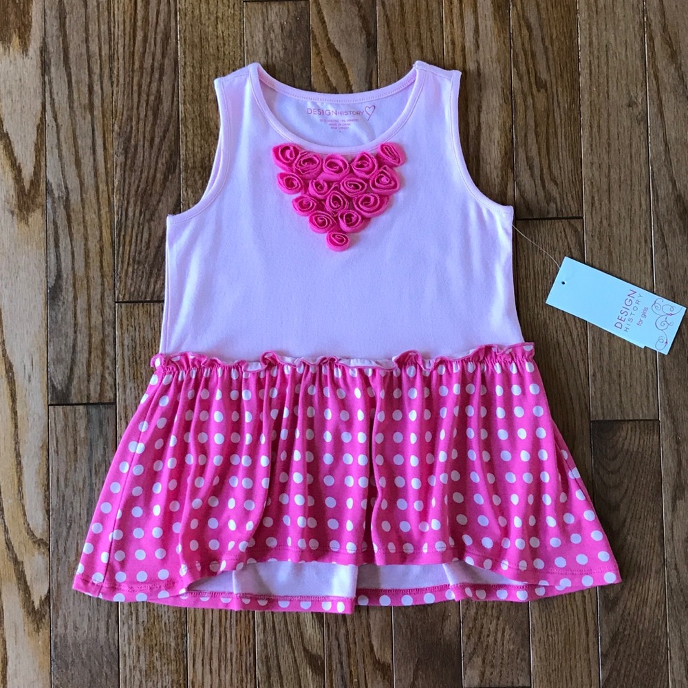 Design History NWT Girls Pink Polka Dot Babydoll Top 3D Heart Cotton Sz 6